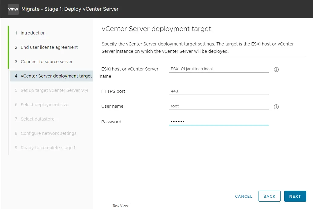 vCenter server deployment target