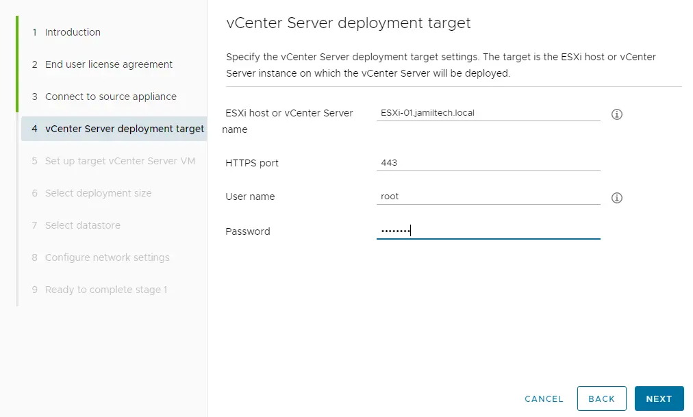 vCenter server deployment target