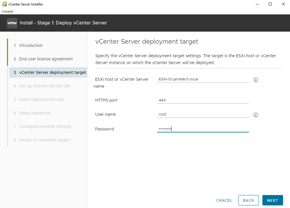 vCenter server deployment target