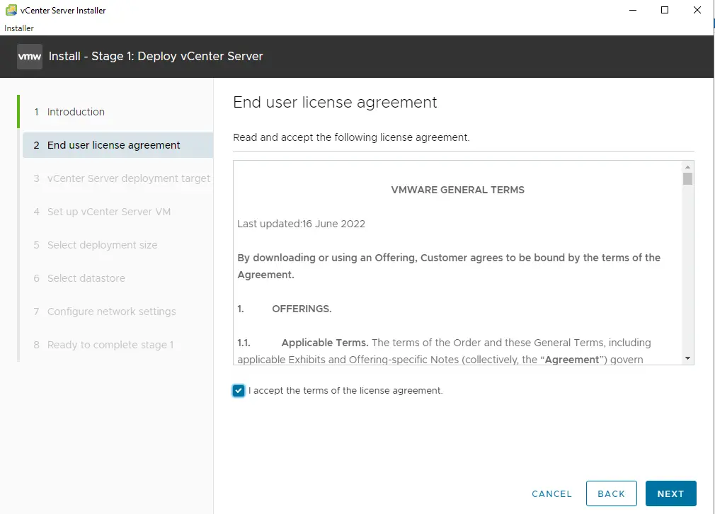 vCenter server installer license agreement