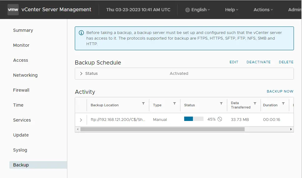 vCenter server management backup