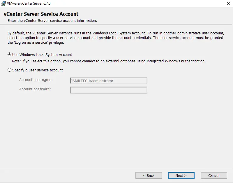 vCenter server service account