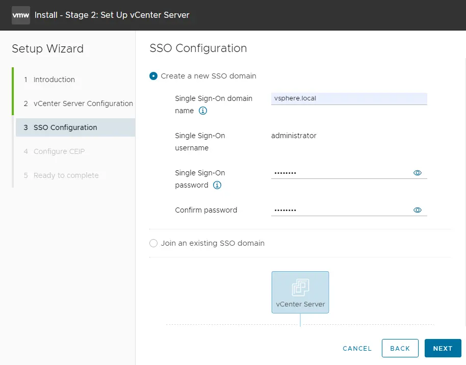 vCenter server setup SSO configuration