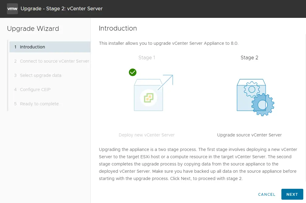 vCenter server upgrade wizard introduction
