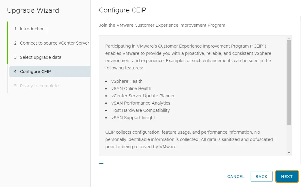 vCenter upgrade configure CEIP