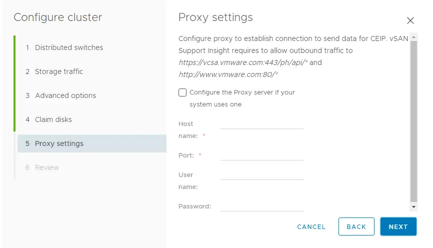 vSAN cluster proxy settings