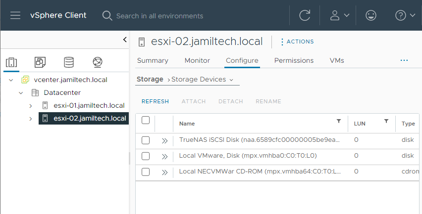 vSphere client Host storage devices