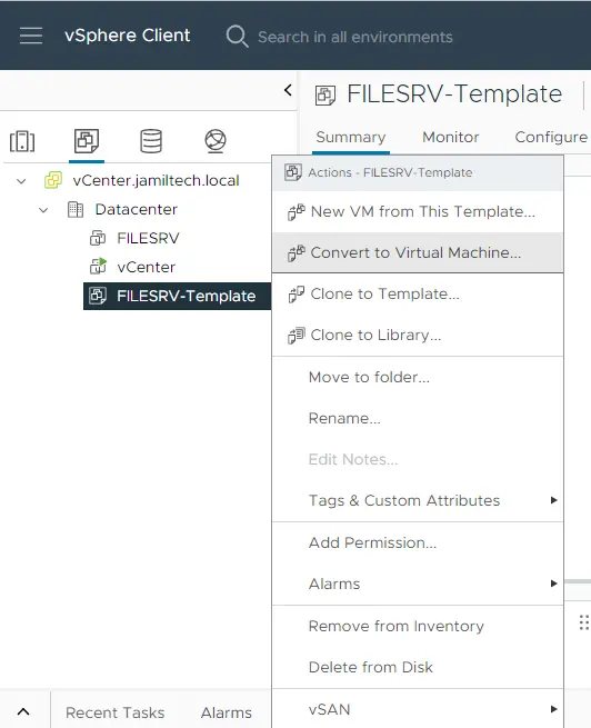 vSphere client VM template