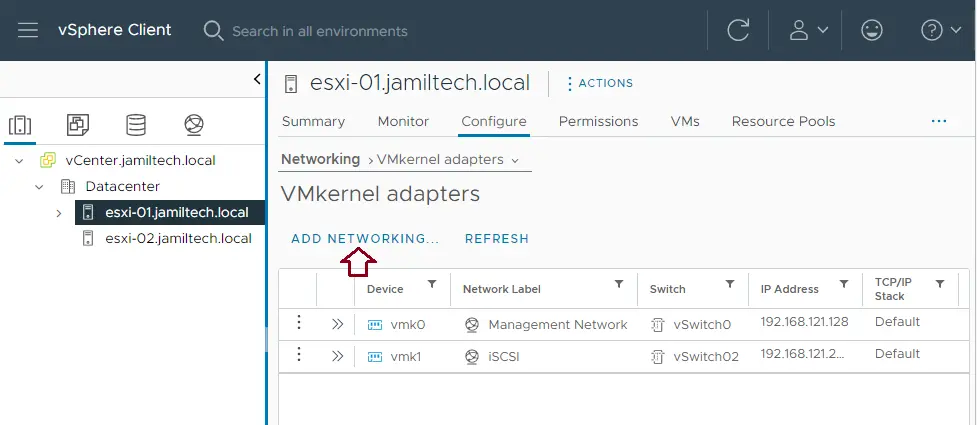 vSphere client VMkernel adapters