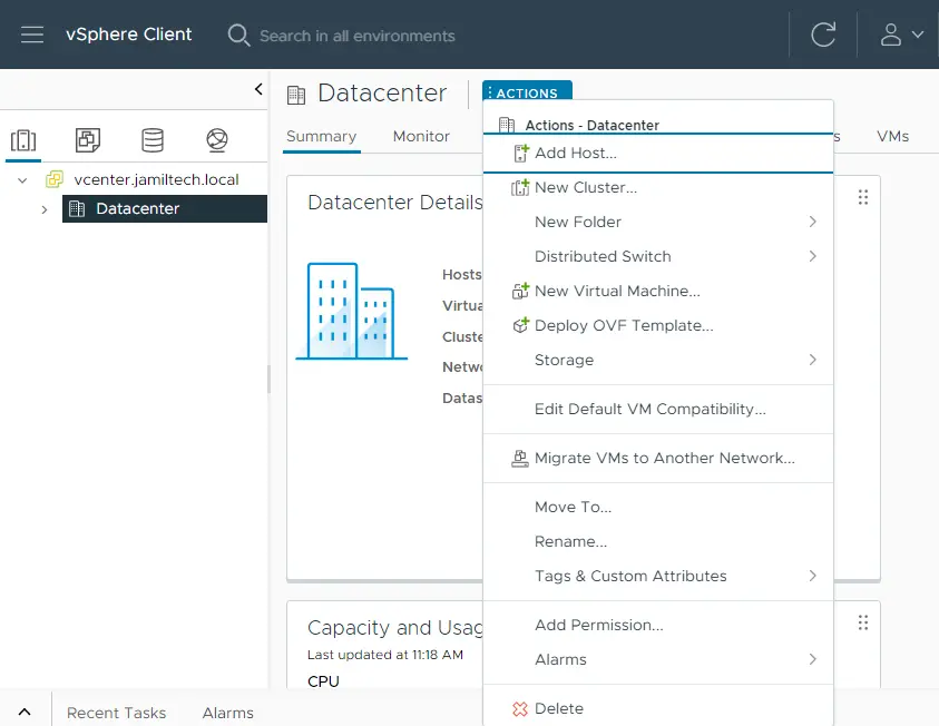 vSphere client actions menu