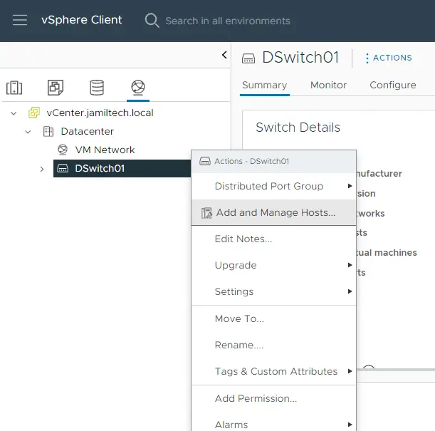 vSphere client distributed switch