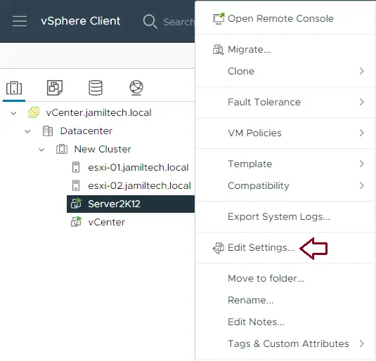 vSphere client edit settings