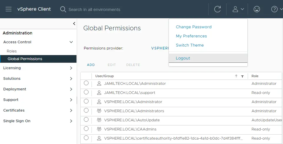 vSphere client global permissions