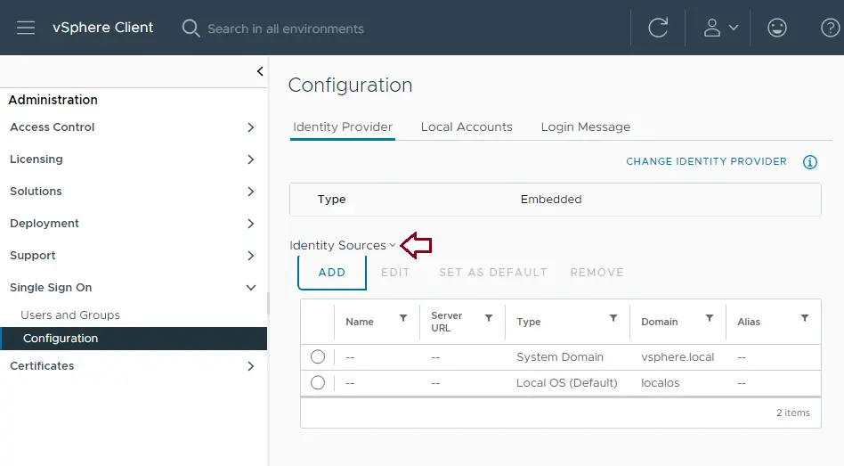 vSphere client identity source