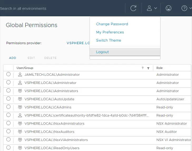 vSphere client logout