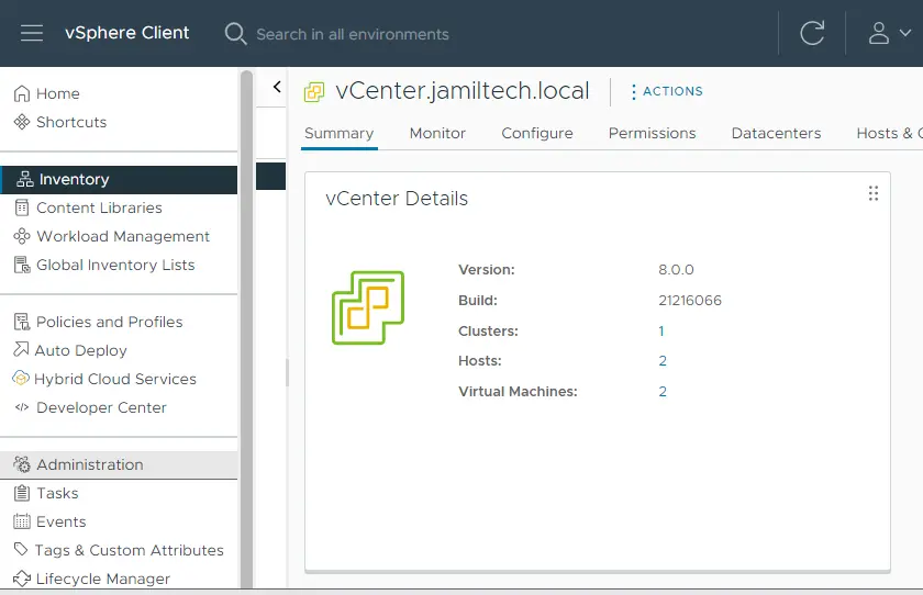 vSphere client main menu