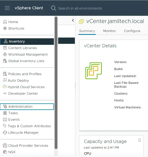 vSphere client main menu