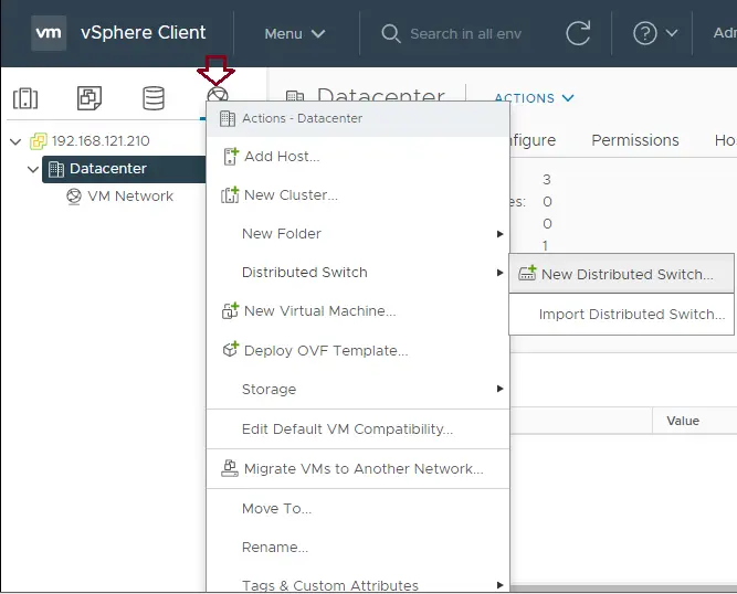 vSphere client network tab