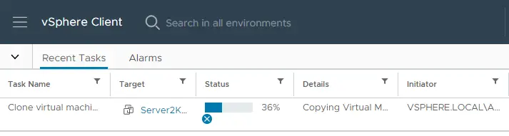 vSphere client recent tasks