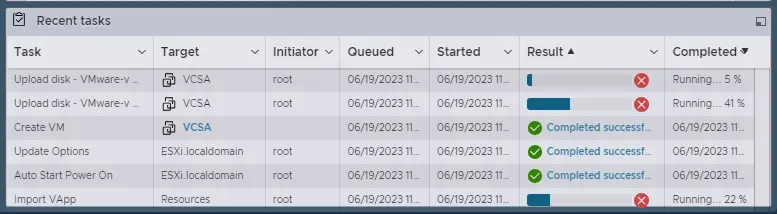 vSphere client recent tasks