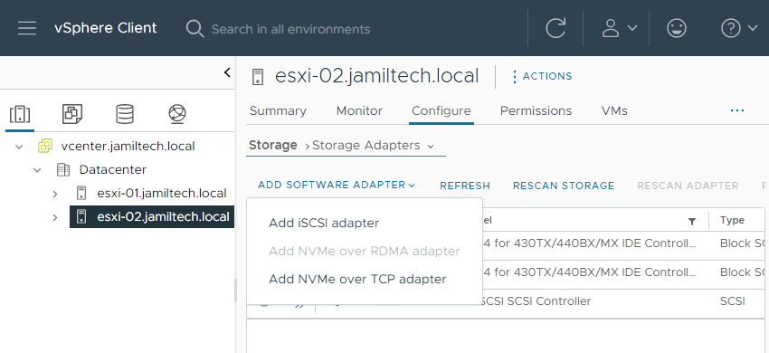 vSphere client storage adapters