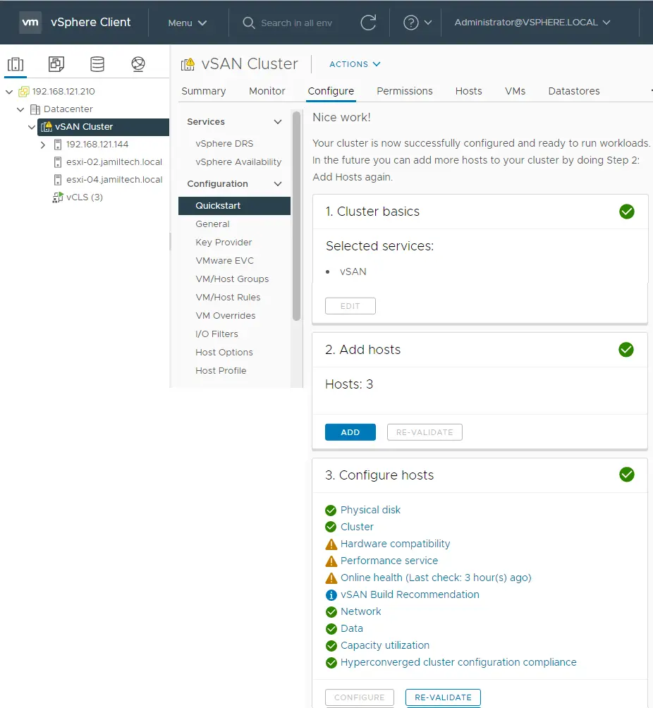 vSphere client vSAN cluster quickstart