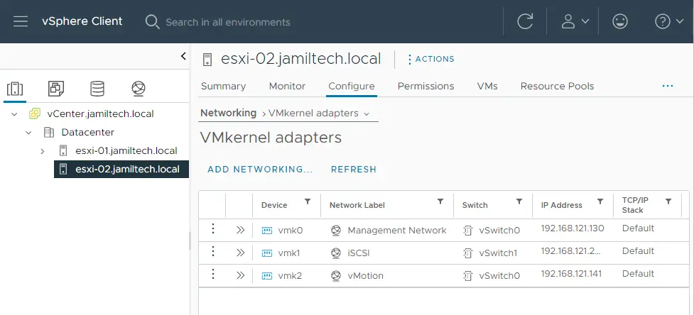 vSphere client vmkernel adapters